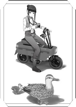 1girl 3d absurdres ano_hito bird boots camera commentary_request duck framed full_body greyscale hair_bun highres holding holding_camera honda_motocompo kino_no_tabi minibike mixed_media monochrome motor_vehicle motorcycle photo_(kino_no_tabi) short_hair_with_long_locks sidelocks single_hair_bun sitting sou_(kino_no_tabi) vest