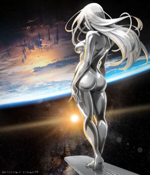 1girl absurdres arms_at_sides artist_name ass back breasts butt_crack city commentary earth_(planet) english_commentary fantastic_four feet floating grey_nails highres horizon hoverboard kneepits legs_together lens_flare marvel marvel medium_breasts no_nipples nude planet shiny_skin shoulder_blades sideboob silver_skin silver_surfer_(shalla-bal) sky soles solo space star_(sky) starry_sky stepkingo_art sun upside-down