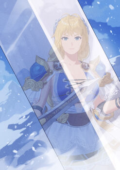 Rule 34 | 1girl, absurdres, blonde hair, blue eyes, breasts, cleavage, commentary request, commission, highres, holding, holding sword, holding weapon, large breasts, long hair, pixiv commission, reflection, solo, sophitia alexandra, soul calibur, sword, weapon, yagi2013