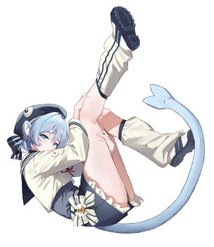 1girl absurdres anchor_ornament animal_ear_fluff animal_ears blue_bow blue_eyes blue_hair blue_hat blue_shoes bow commentary fins fish_tail frilled_skirt frills full_body grey_skirt hat hat_bow highres leg_warmers long_sleeves looking_at_viewer medium_hair monkey_ears multicolored_shoes neck_ribbon original red_ribbon ribbon sarukana shirt shoes skirt skirt_bow solo untranslatable_commentary tail thighs two-tone_shoes white_shoes yellow_bow yellow_leg_warmers yellow_shirt