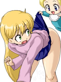 1girl 2boys baby bent_over blonde_hair blue_eyes bottomless clothes_lift daa!_daa!_daa! floating green_eyes isu kouzuki_miyu long_hair looking_back lowres miniskirt multiple_boys no_panties oekaki pleated_skirt ruu_(daa!_daa!_daa!) saionji_kanata skirt skirt_lift thumbs_up when_you_see_it