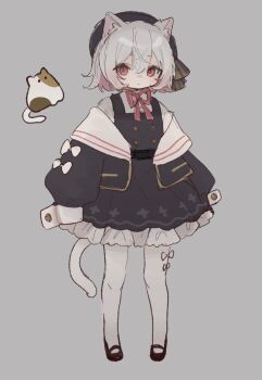 Rule 34 | 1girl, animal ears, beret, black dress, black hat, cat, cat ears, cat girl, cat tail, closed mouth, commentary request, dress, expressionless, frilled dress, frills, full body, grey background, grey hair, hat, highres, long sleeves, looking at viewer, multicolored hair, neck ribbon, pantyhose, pinafore dress, pink eyes, pink ribbon, ribbon, sayo (voicevox), shoes, short hair, simple background, sleeveless, sleeveless dress, sleeves past fingers, sleeves past wrists, solo, standing, tail, voicevox, white pantyhose, yamagon (yamaneko neko)