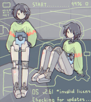 1girl artist_name black_eyes black_hair commentary green_sweater hair_ornament heads-up_display joints milobit multiple_views on_floor original robot_girl robot_joints short_hair sitting standing sweater user_interface