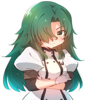 1girl black_sleeves blush chiyu_mahou_no_machigatta_tsukaikata coat gloves green_hair hair_over_one_eye highres layered_sleeves long_hair looking_at_viewer nyaa_(nnekoron) rose_(chiyu_mahou) sidelocks simple_background smile solo white_coat white_gloves