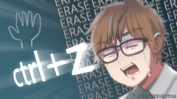 1boy artist_name artist_self-insert black-framed_eyewear blurry brown_hair cioccolatodorima closed_eyes collared_shirt commentary crying emphasis_lines english_commentary english_text male_focus original portrait shirt solo streaming_tears tears white_shirt