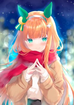 1girl absurdres animal_ears black_coat black_skirt blue_eyes blunt_bangs blush brown_coat closed_mouth coat commentary_request ear_covers green_eyes hair_ornament hairband highres hime_cut horse_ears horse_girl horse_tail long_hair long_sleeves looking_at_viewer orange_hair red_scarf sasaminiku_(chickenbstrips) scarf silence_suzuka_(umamusume) skirt smile solo sweater tail umamusume white_hairband white_sweater