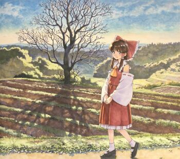 1girl ascot bare_tree blush bow brown_eyes brown_hair bush closed_mouth cloud collared_shirt commentary_request crossed_legs detached_sleeves farm field frilled_bow frilled_shirt_collar frilled_skirt frills full_body hair_bow hair_tubes hakurei_reimu long_skirt looking_at_viewer mountainous_horizon outdoors own_hands_together path red_bow red_shirt ribbon-trimmed_sleeves ribbon_trim rice_paddy road shadow shiratama_(hockey) shirt short_hair sidelocks skirt skirt_set sky sleeveless sleeveless_shirt smile solo tareme touhou traditional_media tree walking watson_cross yellow_ascot