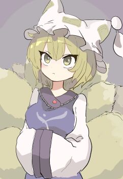 Rule 34 | 1girl, ameshi (rzuw4482), animal hat, blonde hair, blue tabard, breasts, closed mouth, commentary request, dress, fox tail, hands in opposite sleeves, hat, highres, kitsune, long sleeves, medium breasts, medium hair, mob cap, multiple tails, one-hour drawing challenge, solo, tabard, tail, touhou, white dress, wide sleeves, yakumo ran, yellow eyes