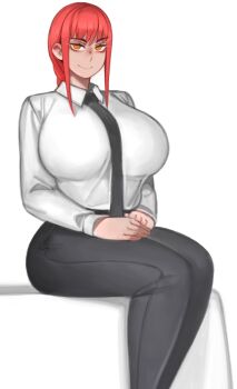 1girl arms_behind_back black_necktie black_pants braid braided_ponytail breasts chainsaw_man closed_mouth collared_shirt formal_clothes high-waist_pants kelvin_hiu large_breasts long_hair looking_at_viewer makima_(chainsaw_man) necktie pants red_hair ringed_eyes shirt shirt_tucked_in sidelocks solo white_background yellow_eyes