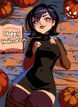 Rule 34 | 1girl, alternate legwear, black hair, black lips, blue eyes, book, breasts, bridal gauntlets, brown bridal gauntlets, commentary, covered navel, dress, english commentary, happy halloween, hotel transylvania, jack-o'-lantern, large variant set, lying, mavis dracula, medium breasts, medium hair, on back, open book, pear-shaped figure, pixel art, short dress, smile, solo, striped clothes, striped thighhighs, thighhighs, thisislux, turtleneck, turtleneck dress, variant set, wooden floor, zettai ryouiki