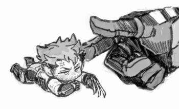 2boys anger_vein beard bodysuit chibi claw_(weapon) deadpool deadpool_&amp;_wolverine deadpool_(series) dishing facial_hair frown full_body gloves lying male_focus marvel marvel monochrome multiple_boys on_stomach poking short_hair sweat v-shaped_eyebrows weapon wolverine_(x-men) x-men