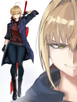 1girl absurdres aestus_estus ahoge blue_jacket boots braid commentary cosplay denim english_commentary fate/extra fate_(series) fingerless_gloves gloves green_eyes grey_shirt hair_intakes highres jacket jeans lace-up_boots looking_at_viewer name_connection nero_(devil_may_cry) nero_(devil_may_cry)_(cosplay) nero_claudius_(fate) nero_claudius_(fate/extra) pants red_sweater ribbon shirt simple_background smile solo sweater torn_clothes torn_sweater yotsutsu428