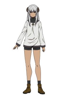 1girl absurdres anime_coloring bike_shorts black_socks boots brown_boots brown_horns chiyu_mahou_no_machigatta_tsukaikata collarbone curled_horns dark-skinned_female dark_skin eyebrows_hidden_by_hair felm_(chiyu_mahou) full_body grey_hair highres horns long_hair long_sidelocks long_sleeves looking_at_viewer official_art shirt sidelocks simple_background socks solo standing tanabe_kenji thighs transparent_background v-shaped_eyebrows white_shirt
