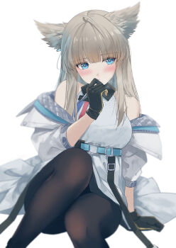 1girl ahoge animal_ears arknights arknights:_endfield arm_support belt bird_ears bird_girl black_gloves black_pantyhose blue_belt blue_eyes blunt_bangs blurry blush breasts caidychen closed_mouth commentary_request dress feet_out_of_frame gloves grey_hair hand_on_own_chin hand_up high_belt highres jacket large_breasts long_hair long_sidelocks looking_at_viewer multicolored_gloves off_shoulder open_clothes open_jacket pantyhose perlica_(arknights) sidelocks simple_background sitting sleeveless sleeveless_dress solo three-quarter_sleeves two-sided_gloves two-tone_gloves white_background white_dress white_jacket yellow_gloves yellow_pupils