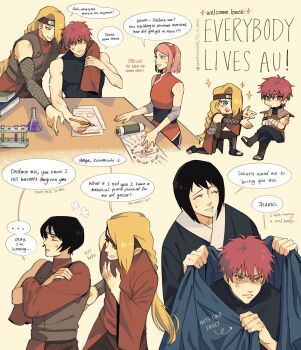 2boys 3girls absurdres alternate_universe anger_vein beaker black_hair black_kimono black_shirt blanket blonde_hair book commentary deidara_(naruto) dress english_commentary english_text erlenmeyer_flask flask forehead_protector green_eyes hair_between_eyes hair_over_one_eye haruno_sakura highres holding holding_pencil iwagakure_symbol japanese_clothes kimono kurotsuchi_(naruto) long_hair long_sleeves looking_at_another multiple_boys multiple_girls multiple_views naruto:_the_last naruto_(series) naruto_shippuuden pencil pink_hair red_dress red_hair sasori_(naruto) scroll shirt shizune_(naruto) short_hair single_sleeve sleeveless sleeveless_dress sleeveless_shirt speech_bubble steohsama sweatdrop table test_tube test_tube_rack wide_sleeves
