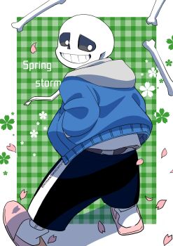 1boy back black_shorts blue_jacket bone bright_pupils english_text grin highres hinakomochiut hollow_eyes jacket looking_back male_focus pink_slippers sans_(undertale) shirt shorts skeleton slippers smile solo teeth undertale utdr_(toby_fox) white_pupils white_shirt