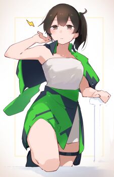 1girl absurdres bare_shoulders brown_eyes brown_hair c2_race_queen_uniform commentary_request cropped_jacket green_jacket green_skirt grey_tube_top highres jacket kaga_(kancolle) kaga_(race_queen)_(kancolle) kantai_collection looking_at_viewer ma_rukan medium_hair race_queen short_side_ponytail side_ponytail skirt solo strapless thigh_strap tube_top two-tone_skirt