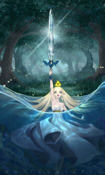 1girl artist_name bare_shoulders barefoot blonde_hair breasts cleavage dress forest green_eyes highres holding holding_sword holding_weapon long_dress long_hair master_sword medium_breasts nature nintendo outdoors parted_lips partially_submerged pointy_ears princess_zelda seaweed sidelocks solo sparkle strapless strapless_dress sword the_legend_of_zelda the_legend_of_zelda:_breath_of_the_wild tree triforce weapon white_dress whitecatarts