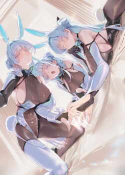 1girl animal_ears bare_shoulders black_pantyhose blush breasts closed_eyes closed_mouth earrings fake_animal_ears fake_tail goddess_of_victory:_nikke huge_breasts jewelry long_hair lying mechanical_arms mechanical_hands multiple_views nayuta_(nikke) ohland on_stomach open_mouth pantyhose rabbit_ears rabbit_tail sideboob single_mechanical_arm single_mechanical_hand tail white_hair