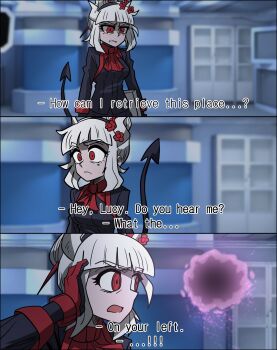 1girl absurdres avengers:_endgame avengers_(series) black_shirt ddolbang demon_girl demon_horns demon_tail english_text gloves hair_ornament helltaker highres horns laboratory lucifer_(helltaker) maid marvel marvel mole mole_under_eye portal_(object) red_eyes red_gloves shirt tail tail_raised upper_body white_hair