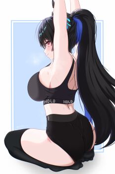 1girl absurdres arms_up ass asymmetrical_horns black_hair black_shorts black_sports_bra black_thighhighs blue_background blue_hair blush border breasts closed_mouth colored_inner_hair commentary cowboy_shot demon_horns english_commentary exercising flower from_side highres hololive hololive_english horn_flower horns large_breasts long_hair looking_at_viewer looking_to_the_side mole mole_under_eye multicolored_hair nerissa_ravencroft orbsu red_eyes shorts sidelocks smile solo sports_bra sportswear thighhighs two-tone_hair uneven_horns very_long_hair virtual_youtuber white_border
