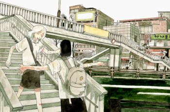 Rule 34 | 2girls, backpack, bag, black hair, building, city, closed eyes, day, highres, meeting, min ddle, multiple girls, open mouth, original, outdoors, railing, road, running, scenery, school uniform, short hair, short sleeves, sky, stairs, standing, street, white hair, white sky