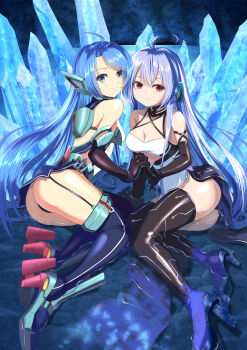 2girls ahoge armored_boots ass azur_lane backless_outfit bare_shoulders bareback black_footwear black_garter_straps black_gloves black_panties blue_eyes blue_hair blue_legwear boots breasts cleavage dress dual_persona elbow_gloves garter_straps gloves headgear helena_(azur_lane) helena_(meta)_(azur_lane) helena_(retrofit)_(azur_lane) high_heels highres holding_hands ice kagura_hiromu long_hair looking_at_viewer medium_breasts multiple_girls panties pantyshot pelvic_curtain purple_hair red_eyes rudder_footwear smile taut_clothes thigh_boots thighhighs underwear very_long_hair white_dress