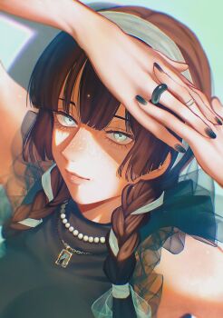 1girl aqua_background aqua_eyes aqua_hairband aqua_ribbon arms_up black_nails braid brown_hair commentary_request fingernails hair_ribbon hairband highres jewelry kantai_collection looking_at_viewer mogador_(kancolle) necklace oucha_(aupt31) own_hands_together pearl_necklace portrait ribbon smile solo twin_braids upper_body