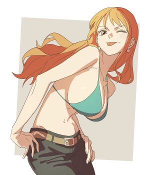 1girl absurdres belt bikini bikini_top_only border breasts brown_eyes cleavage commentary_request cowboy_shot earrings hands_on_own_hips highres jewelry large_breasts long_hair nami_(one_piece) navel one_eye_closed one_piece orange_hair pants pnpk_1013 simple_background smile swimsuit tongue tongue_out white_border
