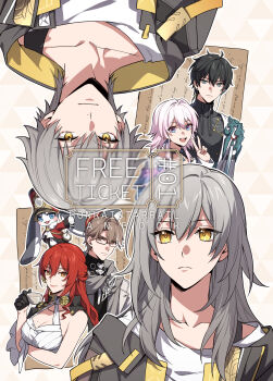 1other 3boys 3girls ahoge animal_ears arm_support armor ascot black-framed_eyewear black_choker black_coat black_hair black_jacket black_shirt blue_eyes blue_jacket border breasts brown_eyes brown_hair caelus_(honkai:_star_rail) chain chinese_clothes choker cleavage closed_mouth cloud_print coat collarbone constellation_print cover cover_page creature cup dan_heng_(honkai:_star_rail) dan_heng_(hunt)_(honkai:_star_rail) dress dual_persona earclip earrings english_text eyeliner fingernails flower flower_ornament frills fur-trimmed_jacket fur_trim glasses gold_chain gold_earrings golden_rose grey_hair grey_scarf hair_between_eyes hair_flower hair_ornament hand_up hat highres himeko_(honkai:_star_rail) holding holding_cup honkai:_star_rail honkai_(series) hood hooded_coat jacket jewelry kangetsu_(fhalei) lapels large_breasts long_hair long_sleeves looking_at_another looking_at_viewer looking_down looking_up makeup march_7th_(honkai:_star_rail) march_7th_(preservation)_(honkai:_star_rail) mole mole_on_breast multicolored_eyes multicolored_hair multiple_boys multiple_girls open_clothes open_coat open_jacket orange_eyes outside_border pink_hair pink_lips pocket_watch pom-pom_(honkai:_star_rail) puffy_long_sleeves puffy_sleeves purple_eyes rabbit_ears rabbit_tail red_eyeliner red_hair red_hat red_jacket scarf shirt short_hair shoulder_armor sidelocks single_bare_shoulder single_earring single_sidelock sleeveless sleeveless_dress smile stelle_(honkai:_star_rail) streaked_hair t-shirt tail tassel trailblazer_(honkai:_star_rail) two-sided_coat two-sided_fabric upper_body upside-down v v-shaped_eyebrows watch wavy_hair welt_yang white_ascot white_border white_coat white_dress white_hair white_jacket white_shirt yellow_coat yellow_eyes zipper
