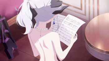 1girl absurdres back bare_back bare_shoulders black_horns black_ribbon blue_archive completely_nude demon_girl demon_horns earrings from_behind grey_hair gun hair_bun hair_ribbon hands_up highres hina_(blue_archive) hina_(dress)_(blue_archive) holding holding_paper horns indoors jewelry loli machine_gun mg42 multiple_horns multiple_necklaces music_sheet musical_note necklace necktie no_dress nude nude_filter paper pearl_earrings pearl_necklace reading ribbon sheet_music shoulder_blades side_ponytail solo standing table third-party_edit tied_up_hair weapon