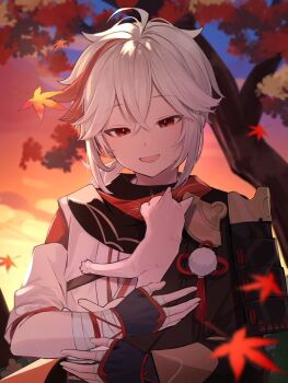 1boy animal antenna_hair arisuke_(natuyan) armor asymmetrical_sleeves bandaged_arm bandaged_hand bandages black_gloves black_scarf blurry blurry_background blurry_foreground blush cat cloud commentary_request crossed_bangs falling_leaves fingerless_gloves genshin_impact gloves gradient_sky hair_between_eyes hands_up haori holding holding_animal holding_cat japanese_armor japanese_clothes kaedehara_kazuha kimono leaf long_sleeves looking_down low_ponytail male_focus maple_leaf medium_hair mismatched_sleeves multicolored_hair open_mouth outdoors pom_pom_(clothes) ponytail red_eyes red_hair red_scarf scarf short_sleeves shoulder_armor sidelocks sky smile sode solo streaked_hair sunset tassel tree twilight upper_body white_cat white_hair white_kimono