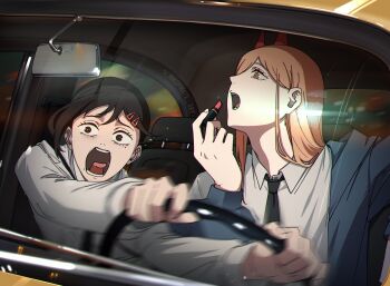 2girls absurdres applying_lipstick applying_makeup black_hair black_necktie blue_jacket brown_eyes car_interior chainsaw_man commentary cosmetics cross_in_eye driving hair_ornament hairclip higashiyama_kobeni highres holding holding_lipstick_tube horns inkspirate jacket lipstick_tube motion_blur multiple_girls necktie open_mouth orange_hair power_(chainsaw_man) screaming shirt twitter_logo twitter_username white_shirt yellow_eyes