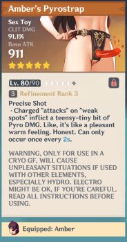 1girl amber_(genshin_impact) close-up dialogue_box dildo english_text faceless faceless_female fake_screenshot futomomomoe gameplay_mechanics genshin_impact groin head_out_of_frame highres hip_focus legs long_hair lower_body navel out_of_frame parody pussy sex_toy solo solo_focus standing strap-on style_parody user_interface