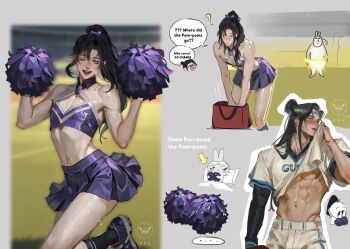 ... 2boys abs alternate_costume artist_name bag bare_pectorals bare_shoulders bishounen black_hair black_socks blurry blurry_background blush bow cheerleader chibi chibi_inset cleavage_cutout closed_eyes clothes_lift clothing_cutout commentary contemporary crop_top crossdressing crossdressing_(mtf) doodle_inset english_commentary english_text grey_eyes hair_bow headband highres holding holding_pom_poms implied_yaoi lan_wangji lifting_own_clothes long_hair male_focus midriff miniskirt modao_zushi multicolored_shirt multiple_boys multiple_views muscular navel one_eye_closed open_mouth pants parted_lips pectoral_cleavage pectorals pleated_skirt pom_pom_(cheerleading) pom_poms ponytail purple_bow purple_shirt purple_shoes purple_skirt rabbit red_bag shirt shirt_lift shoes shorts sidelocks skirt sleeveless sleeveless_shirt smile socks speech_bubble spoken_ellipsis sportswear sweat toffeezel toned toned_male topknot trap wei_wuxian white_headband white_pants white_shirt wiping_sweat
