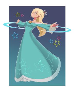 1girl absurdres blonde_hair blue_dress blue_eyes border brooch bu55top crown dress earrings full_body highres jewelry long_hair long_sleeves looking_up mario_(series) nintendo off-shoulder_dress off_shoulder open_mouth outside_border rosalina solo star_(symbol) star_brooch star_earrings super_mario_galaxy super_smash_bros. white_border