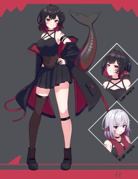 1girl absurdres black_choker black_jacket black_nails black_shirt black_shoes black_skirt breasts choker cleavage closed_mouth fins fish_tail fishnet_leotard fishnet_thighhighs fishnets highres indie_virtual_youtuber jacket large_breasts leotard leotard_under_clothes looking_at_viewer miya_mareena nail_polish red_eyes red_hair red_jacket see-through_tail seitokai_satoo-sgr shark_girl shark_tail shirt shoes short_hair single_thighhigh skirt solo tail thighhighs two-sided_fabric two-sided_jacket virtual_youtuber