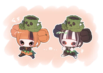 2girls aoiyuuna_811 black_hair bow character_request chibi disneyland dress gloves halloween_costume hat highres long_hair long_sleeves looking_at_viewer makeup multiple_girls orange_eyes orange_hair simple_background smile