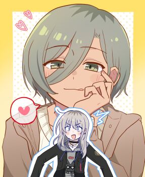 2girls :d :q ^^^ ahoge black_choker black_jacket blush border breast_pocket brown_jacket choker commentary_request constricted_pupils dog_tags doujinshi_cover_trope_(trend) flustered girls_band_cry green_eyes grey_hair grey_hoodie hair_between_eyes hand_on_own_face heart highres hood hood_down hoodie jacket kawaragi_momoka lemoontya long_hair mole mole_under_eye multicolored_hair multiple_girls open_mouth outline pocket polka_dot polka_dot_background projected_inset roots_(hair) rupa_(girls_band_cry) short_hair smile spoken_heart sweater tongue tongue_out upper_body v-shaped_eyebrows white_outline white_sweater yellow_border yuri