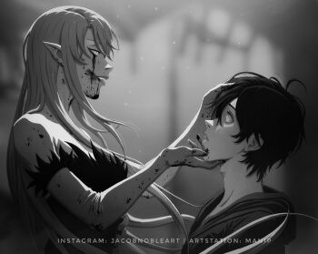 1boy 1girl absurdres araragi_koyomi artist_name blood blood_on_clothes blood_on_face blood_on_hands breasts fangs gloves glowing glowing_eyes greyscale hand_on_another's_chin hand_on_another's_head highres instagram_username kiss-shot_acerola-orion_heart-under-blade kizumonogatari long_glove long_hair looking_at_another manip monochrome monogatari_(series) oshino_shinobu pointy_ears short_hair tall_female vampire