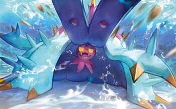 air_bubble aqua_eyes bubble chibi_(shimon) colored_sclera fangs gen_7_pokemon motion_blur nintendo no_humans official_art open_mouth pokemon pokemon_(creature) pokemon_tcg sharp_teeth solo spikes teeth third-party_source toxapex underwater yellow_sclera