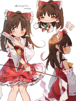1girl :3 ascot between_fingers blush bow brown_eyes brown_hair closed_eyes closed_mouth commentary_request cup detached_sleeves frilled_bow frilled_hair_tubes frilled_skirt frills gohei hair_bow hair_tubes hakurei_reimu highres holding holding_cup holding_gohei long_hair multiple_views ofuda ofuda_between_fingers ponytail puff_of_air red_bow red_skirt ribbon-trimmed_sleeves ribbon_trim skirt skirt_set touhou tungsten_mochoo yellow_ascot yunomi