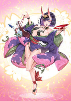 1girl alcohol b.c.n.y. barefoot_sandals_(jewelry) bob_cut breasts chinese_clothes cup dudou eyeliner fangs fate/grand_order fate_(series) headpiece highres horns japanese_clothes kimono looking_at_viewer makeup obi oni open_clothes open_kimono open_mouth purple_eyes purple_hair purple_kimono revealing_clothes sakazuki sake sash short_eyebrows short_hair shuten_douji_(fate) skin-covered_horns small_breasts solo