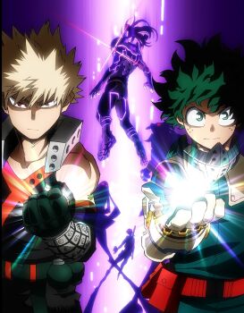 1girl 5boys ankle_boots arms_at_sides bakugou_katsuki belt belt_pouch black_background black_footwear black_pants blonde_hair blu-ray_cover bodysuit boku_no_hero_academia boots bright_pupils buckle cel_shading claws clenched_hand closed_mouth collarbone cover covered_face curly_hair detached_sleeves diffraction_spikes explosive eyebrows_hidden_by_hair eyes_in_shadow floating floating_hair freckles furrowed_brow gloves glowing glowing_eyes gradient_background green_bodysuit green_eyes green_gloves green_hair grenade hair_between_eyes hand_up hasaki_kiruka highres kon_chojuro light light_rays long_hair looking_at_viewer looking_back makihara_hoyo mask mask_around_neck midoriya_izuku mouth_mask multiple_boys neon_trim nine_(boku_no_hero_academia) official_art pants pouch power_suit purple_background red_belt red_eyes sanpaku serious shoe_soles short_hair side-by-side silhouette sleeveless slice_(boku_no_hero_academia) snap-fit_buckle spiked_hair split_mouth straight-on sunburst sword tank_top third-party_source tube turning_head umakoshi_yoshihiko upper_body utility_belt v-neck v-shaped_eyebrows weapon white_gloves white_pupils wrist_guards x_(symbol)