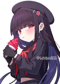 1girl 3: 4rion absurdres beret black_gloves black_hair black_hat black_sailor_collar black_serafuku black_shirt black_skirt blue_archive blunt_bangs blunt_ends blush closed_mouth commentary_request food furrowed_brow gloves hands_up hat highres hime_cut holding holding_food holding_ice_cream ice_cream justice_task_force_member_(blue_archive) long_hair long_sleeves looking_at_viewer red_eyes sailor_collar school_uniform serafuku shirt shy sidelocks simple_background skirt solo tareme twitter_username very_long_hair white_background