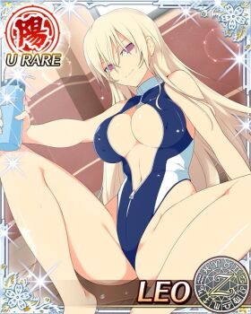 1girl adjusting_hair aquarius_(symbol) aries_(symbol) arms_behind_head blonde_hair blue_one-piece_swimsuit bottle breasts cancer_(symbol) capricorn_(symbol) card_(medium) character_name cleavage covered_navel dodecagram gemini_(symbol) groin hair_between_eyes holding holding_bottle large_breasts lens_flare leo_(senran_kagura) leo_(symbol) libra_(symbol) light_frown long_hair looking_at_viewer navel official_art one-piece_swimsuit pisces_(symbol) poolside purple_eyes sagittarius_(symbol) school_emblem scorpio_(symbol) senran_kagura senran_kagura_new_wave shiny_skin sitting solo sparkle spread_legs standing swimsuit taurus_(symbol) tile_floor tiles towel two-tone_one-piece_swimsuit very_long_hair virgo_(symbol) wet white_one-piece_swimsuit zipper zodiac_wheel