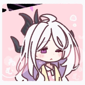 1girl ahoge black_halo blue_archive chibi demon_girl demon_horns halo hina_(blue_archive) horns jacket long_hair pajamas pink_pajamas polka_dot polka_dot_pajamas purple_eyes solo upper_body white_hair yellow_jacket yoru_nai