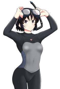 Rule 34 | 1girl, adjusting eyewear, black eyes, black hair, bodysuit, breasts, closed mouth, commentary request, covered navel, cowboy shot, diving suit, goggles, goggles on head, heart, highres, kujou meika, looking at viewer, meika-san wa oshikorosenai, saitou shouki, short hair, simple background, small breasts, smile, snorkel, solo, standing, wet, wetsuit, white background