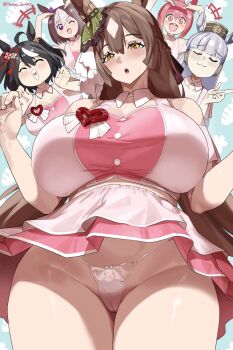 +++ 5girls :d :o ^_^ alternate_breast_size_(larger) alternate_costume animal_ears arms_up artist_name bare_arms bare_shoulders behind_another black_hair blue_background blush bow bow_panties braid breasts brown_hair buttons cameltoe carrot_print cleavage closed_eyes collarbone commentary cowboy_shot curled_fingers detached_collar diamond_(shape) ear_covers english_commentary flower-shaped_pupils food_print frills furrowed_brow gold_ship_(umamusume) groin hairband half_up_braid hands_up haru_urara_(umamusume) heart heart_hands heart_in_mouth heart_ornament high_ponytail highres horse_ears horse_girl kitasan_black_(umamusume) lace lace-trimmed_panties lace_trim layered_skirt long_hair looking_at_viewer midriff miniskirt monkey_jon multicolored_hair multiple_girls off-shoulder_shirt off_shoulder one_eye_closed open_mouth panties pantyshot pillbox_hat pink_eyes pink_hair pink_shirt pink_skirt ponytail purple_eyes red_hairband satono_diamond_(umamusume) shiny_skin shirt skirt smile solo_focus special_week_(umamusume) symbol-shaped_pupils teeth thighs tight_clothes tongue twitter_username two-tone_hair umamusume underwear upper_teeth_only very_long_hair w_arms white_bow_panties white_hair white_panties white_panty_bow white_skirt white_streaks
