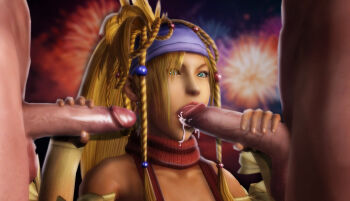 clothed_female_nude_male cum cum_in_mouth final_fantasy final_fantasy_x final_fantasy_x-2 highres nude ratounador rikku_(ff10) xnalara_(medium)